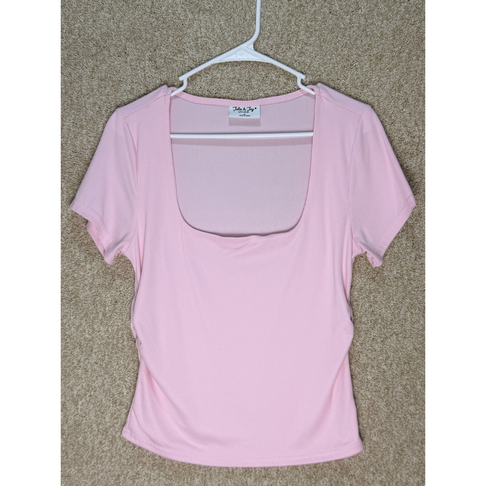 Jolie & Joy Pink Ribbed Square Neck Ruched Short Sleeve Top XL